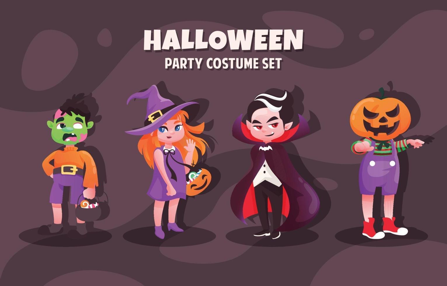 conjunto de personajes de halloween de dibujos animados lindo disfraz vector