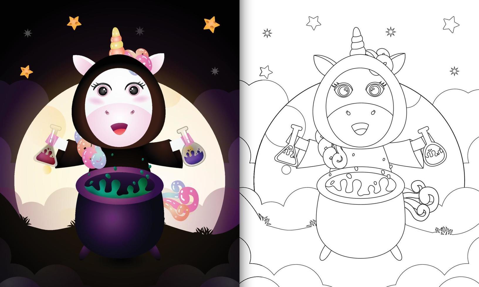 coloring book with a cute unicorn using costume witch halloween vector