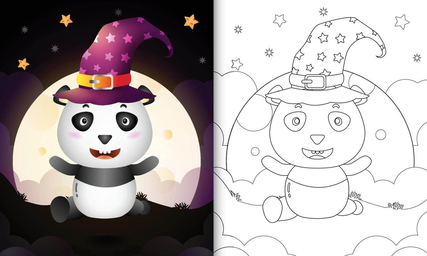 libro para colorear con una linda caricatura de halloween bruja panda frente a la luna vector