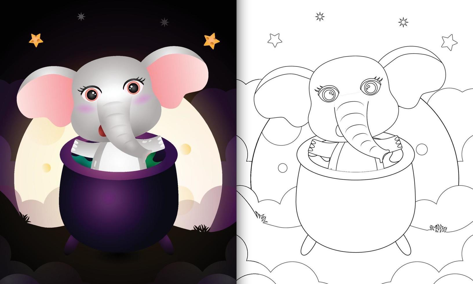 coloring book with a cute elephant in the witch cauldron vector