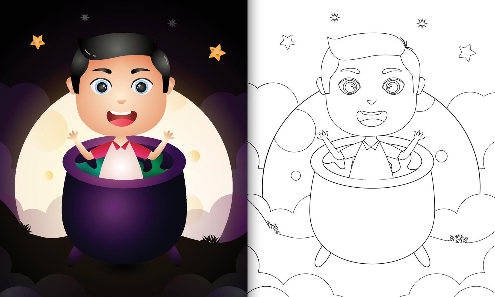 coloring book with a cute boy in the witch cauldron vector