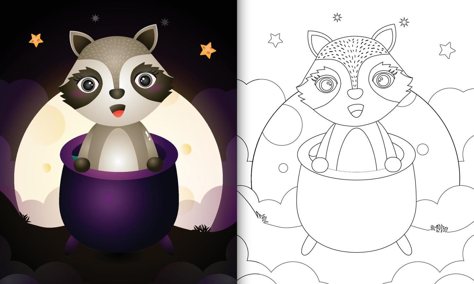 coloring book with a cute raccoon in the witch cauldron vector