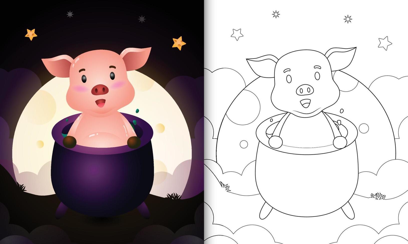 coloring book with a cute pig in the witch cauldron vector