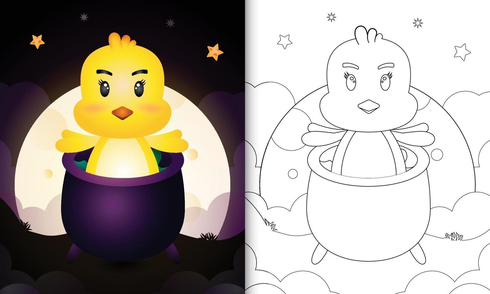 coloring book with a cute chick in the witch cauldron vector