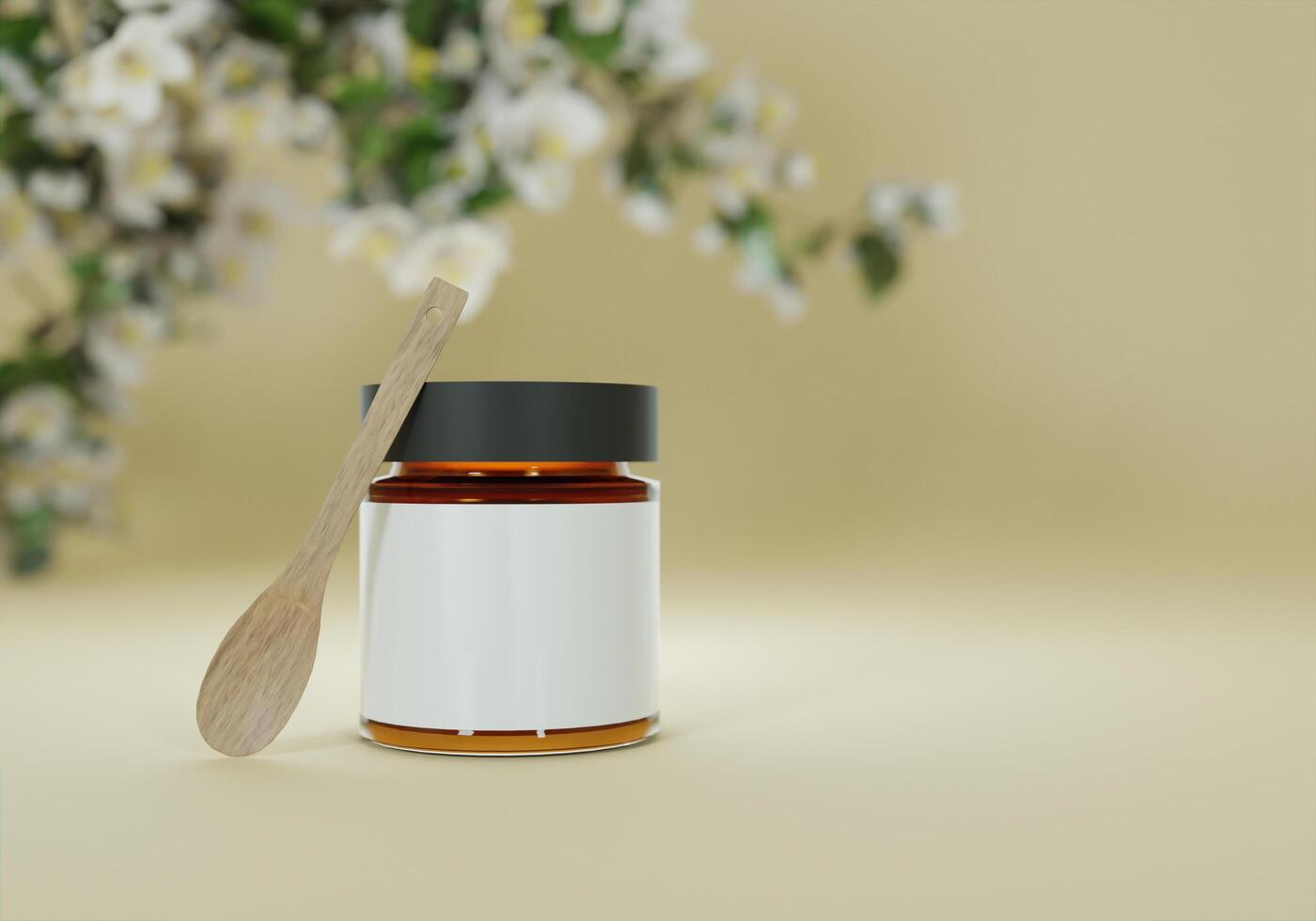 A jar of jam and wooden spoon on a brown background photo