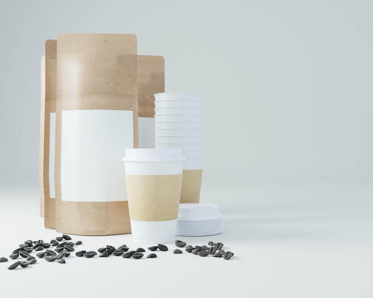 A packet used for coffee with coffee cups. photo