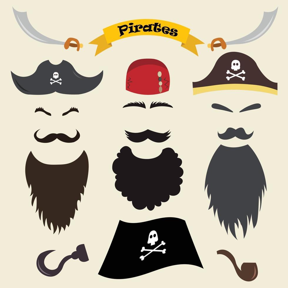 Set of pirate elements, beards, mustaches, eyebrows, hats, bandanas vector