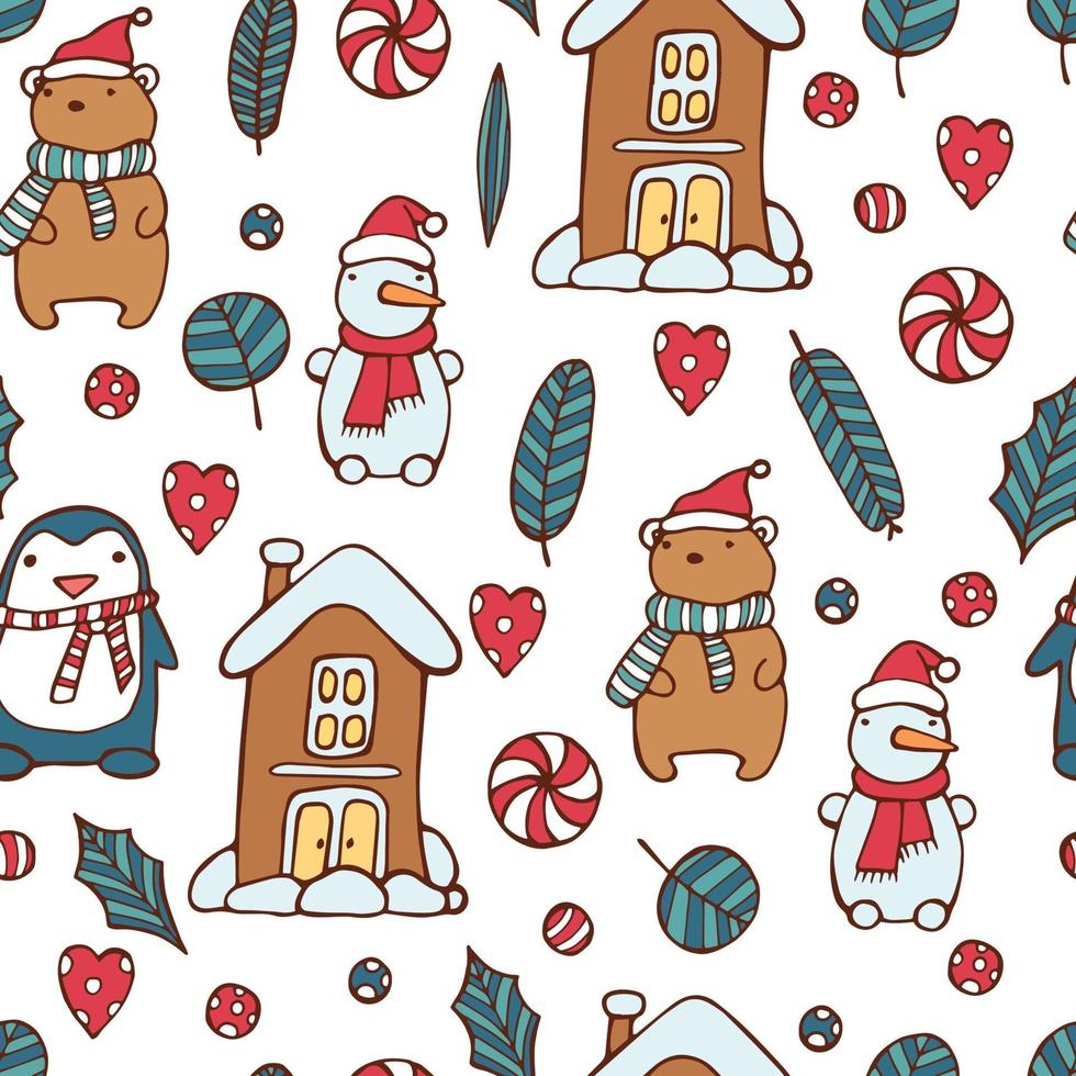 Navidad de patrones sin fisuras, muñeco de nieve, oso, pingüino vector