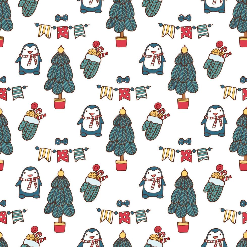 Stylish Merry Christmas seamless pattern with penguin, tree, gifts vector