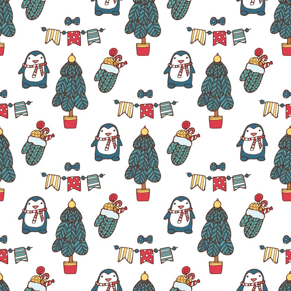 elegante patrón sin costuras feliz navidad con pingüino, árbol, regalos vector