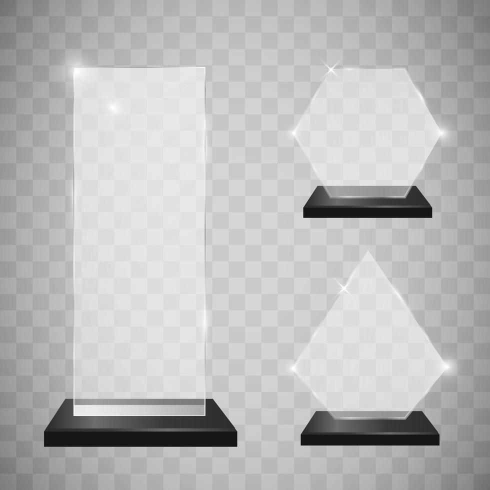 Empty glass trophy awards set. Glossy transparent trophy for award vector