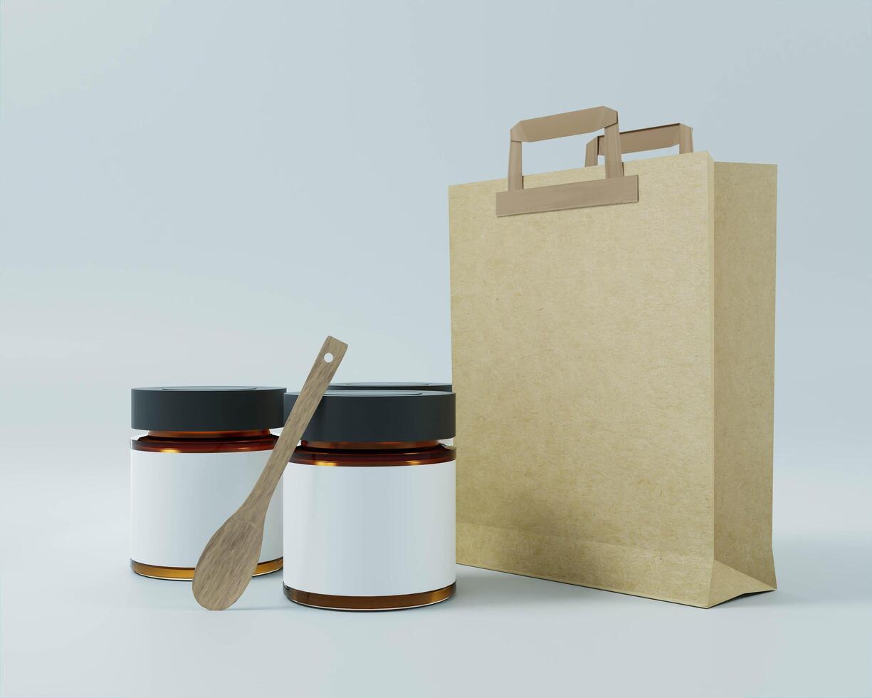 Paper bag with jam jar and wooden spoon photo