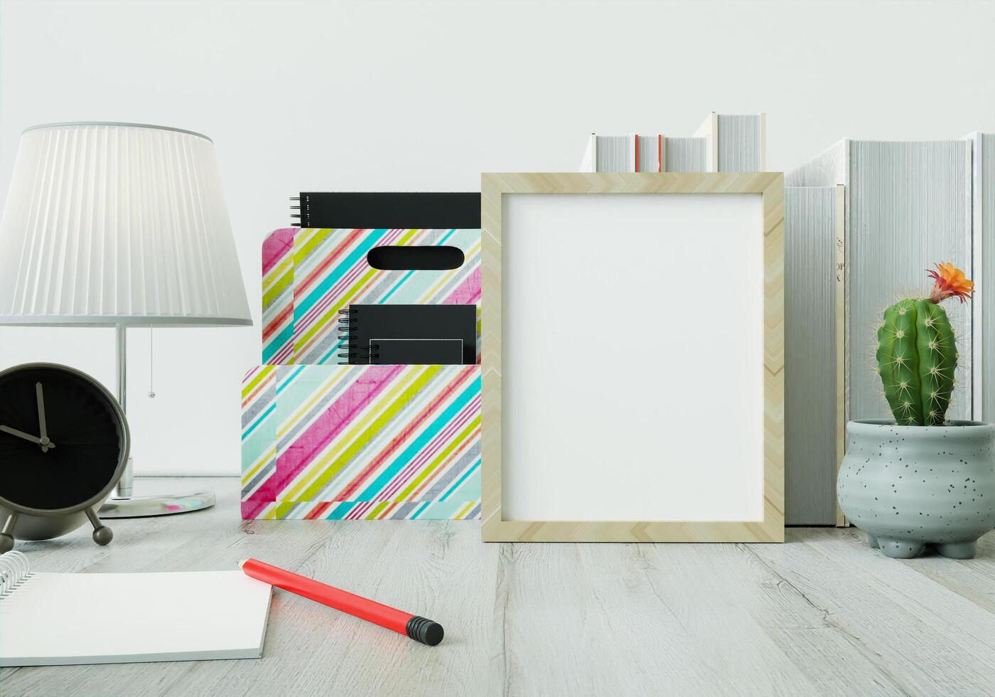 A working room with a book Pens and clocks on the white table photo