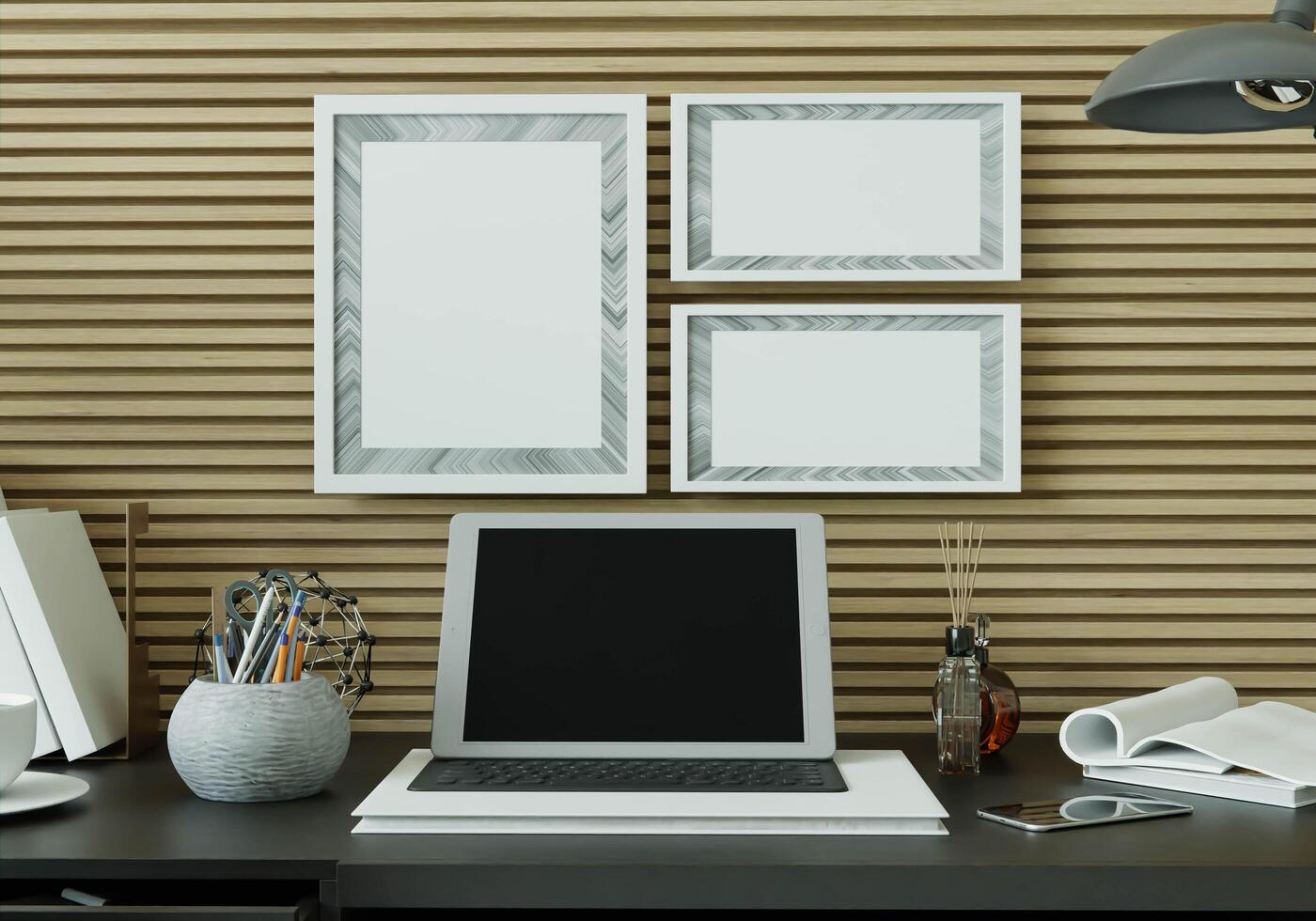 The working room is decorated with furniture with picture frames photo