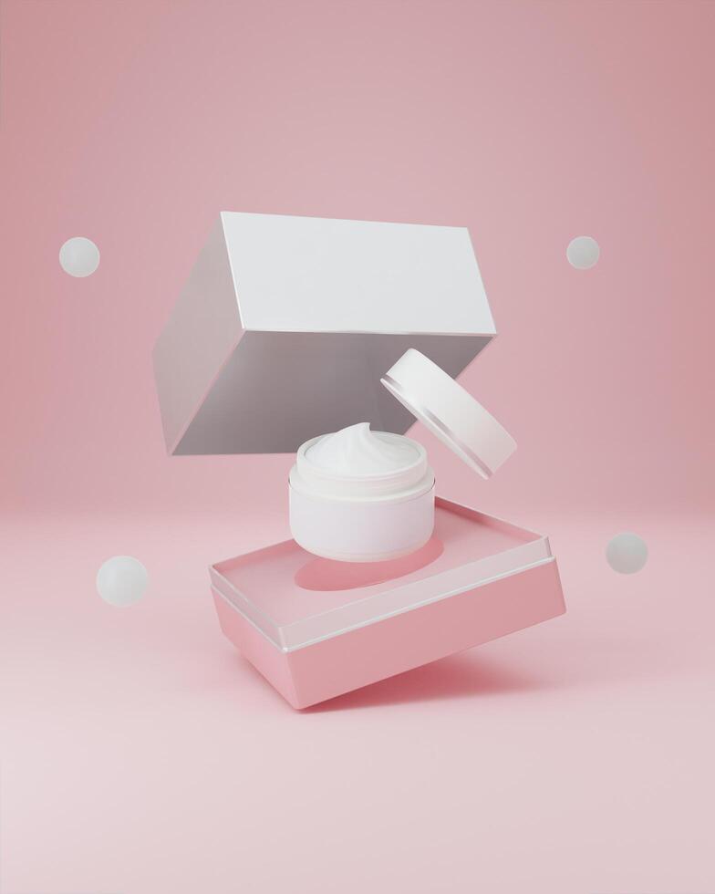 A white cream jar placed on a pink background photo