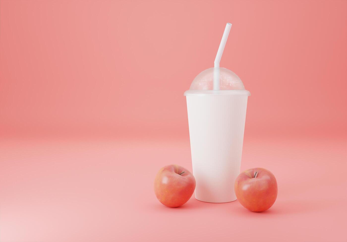 Glass for apple juice on pink background, 3d photo