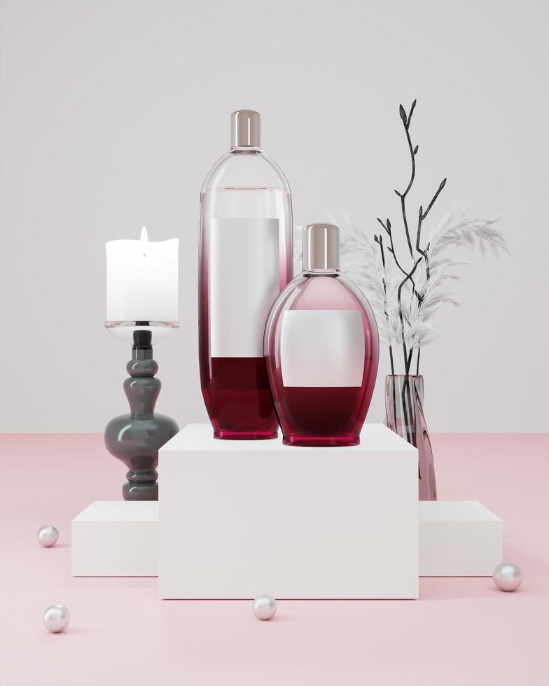 Frasco de perfume carmesí en caja blanca con lámpara y jarrón foto