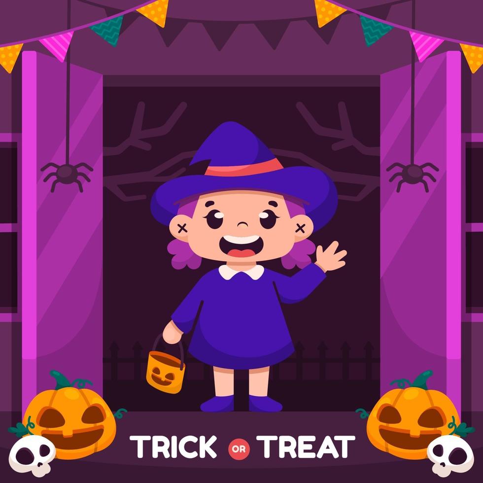 Trick or Treat with Kid with Witch Costume vector