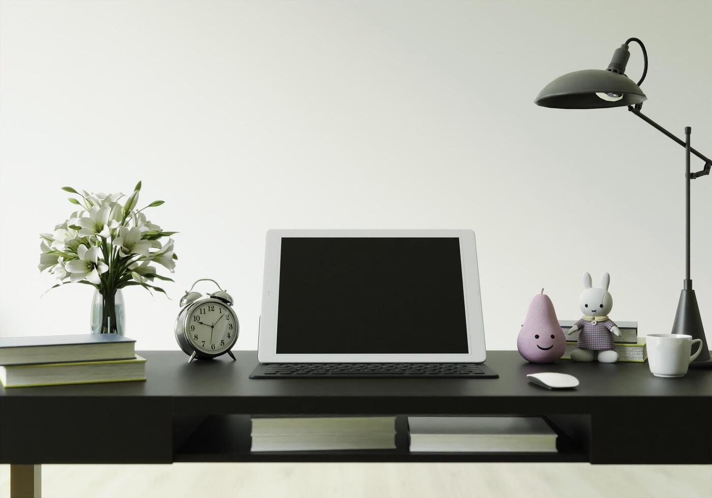 sala de oficina con laptop sobre la mesa, estilo 3d. foto