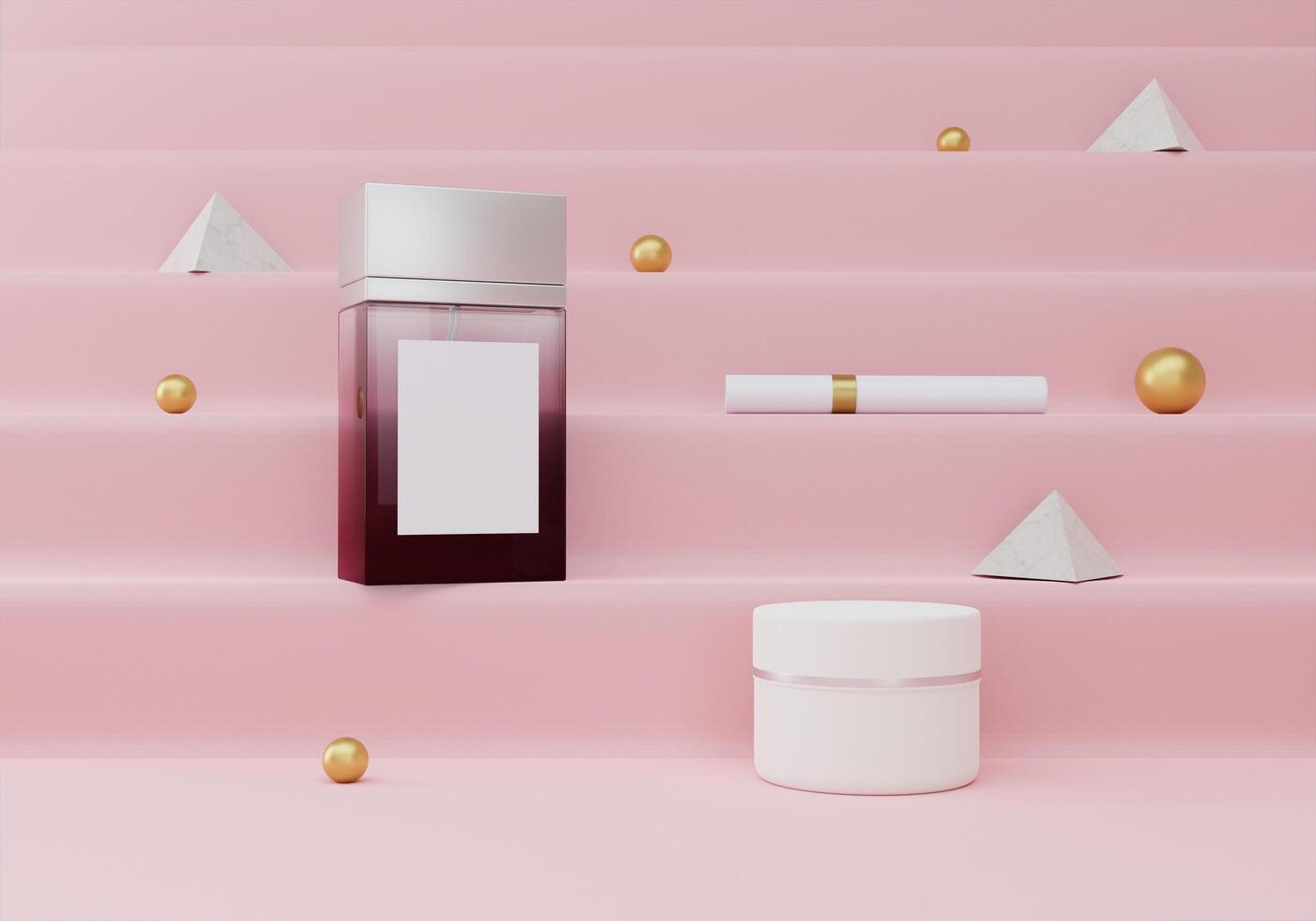 Square perfume bottles and cream jars on pink background photo