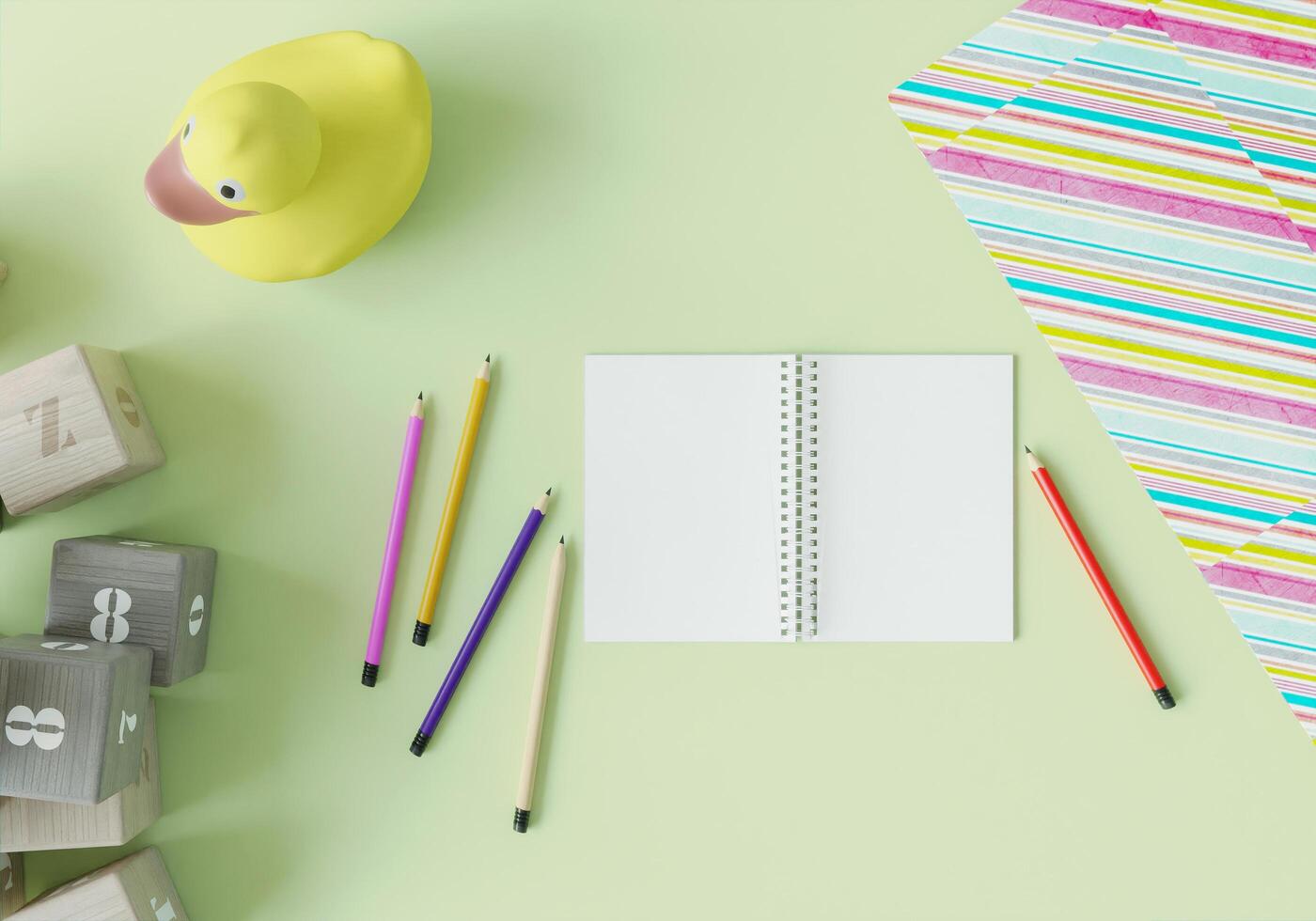 Books and crayons are placed on the table. photo
