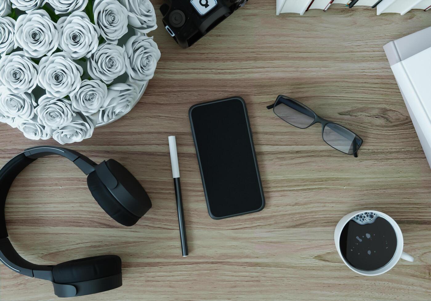 Smartphone, headphones, coffee cup, eyeglasses and pens placed photo