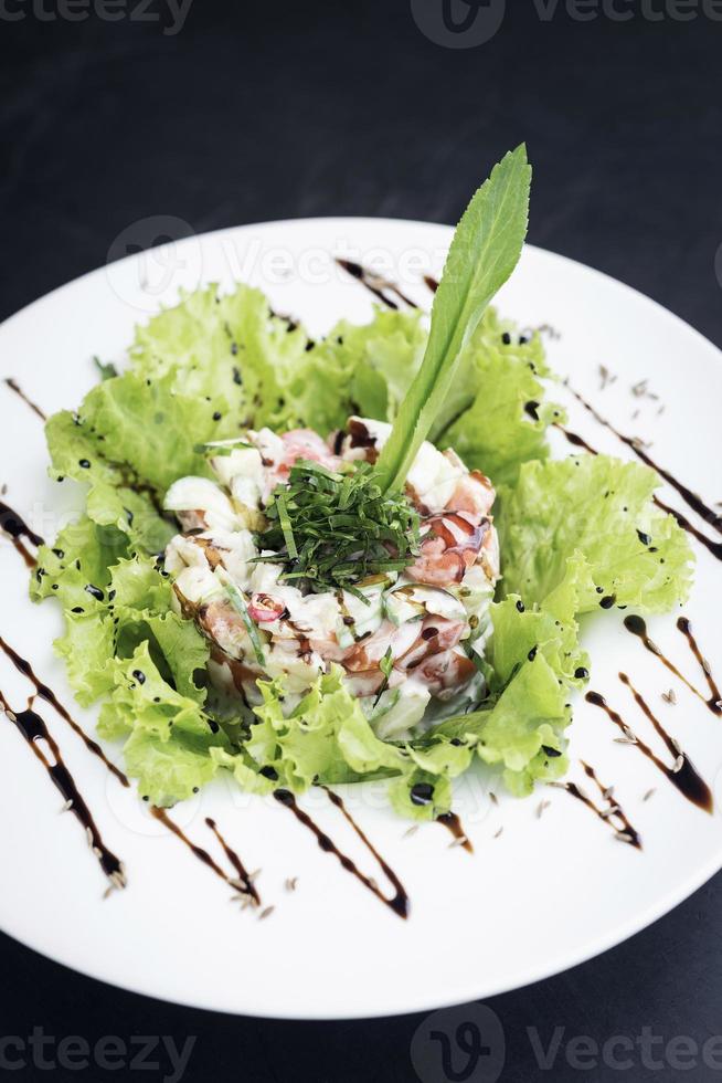 Gourmet prawn cocktail salad with apple celery and spicy yogurt sauce