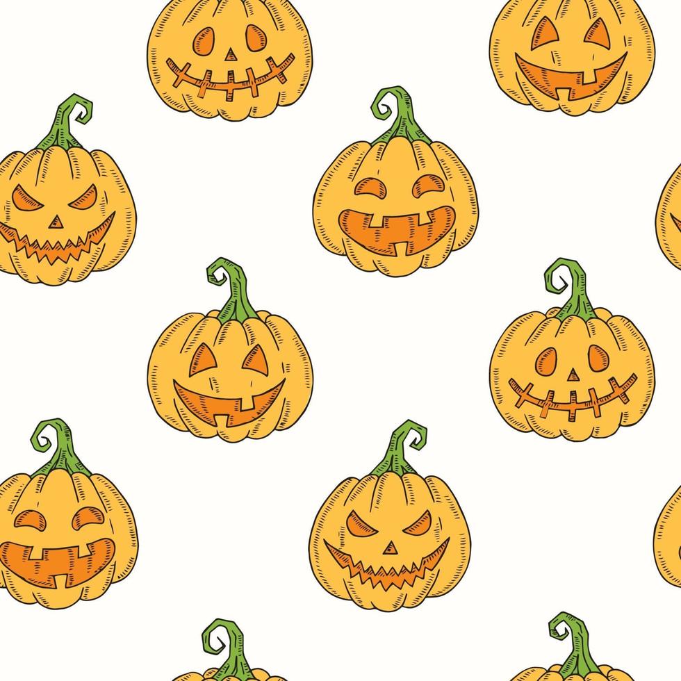 Seamless pattern with Halloween colored pumpkin Jack in sketch style. vector