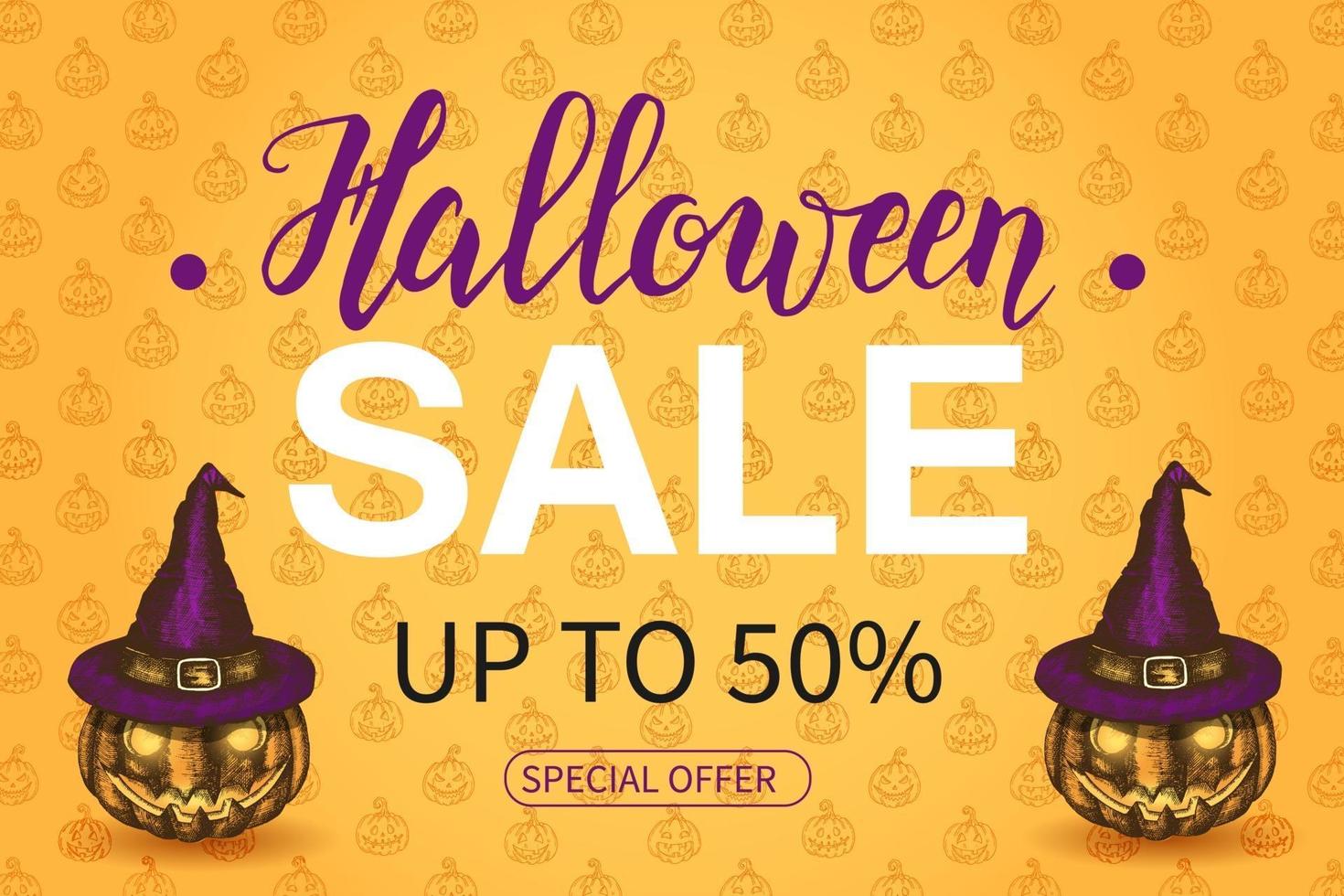 Halloween Sale poster with lettering  with Jack lamp in sketch style. vector