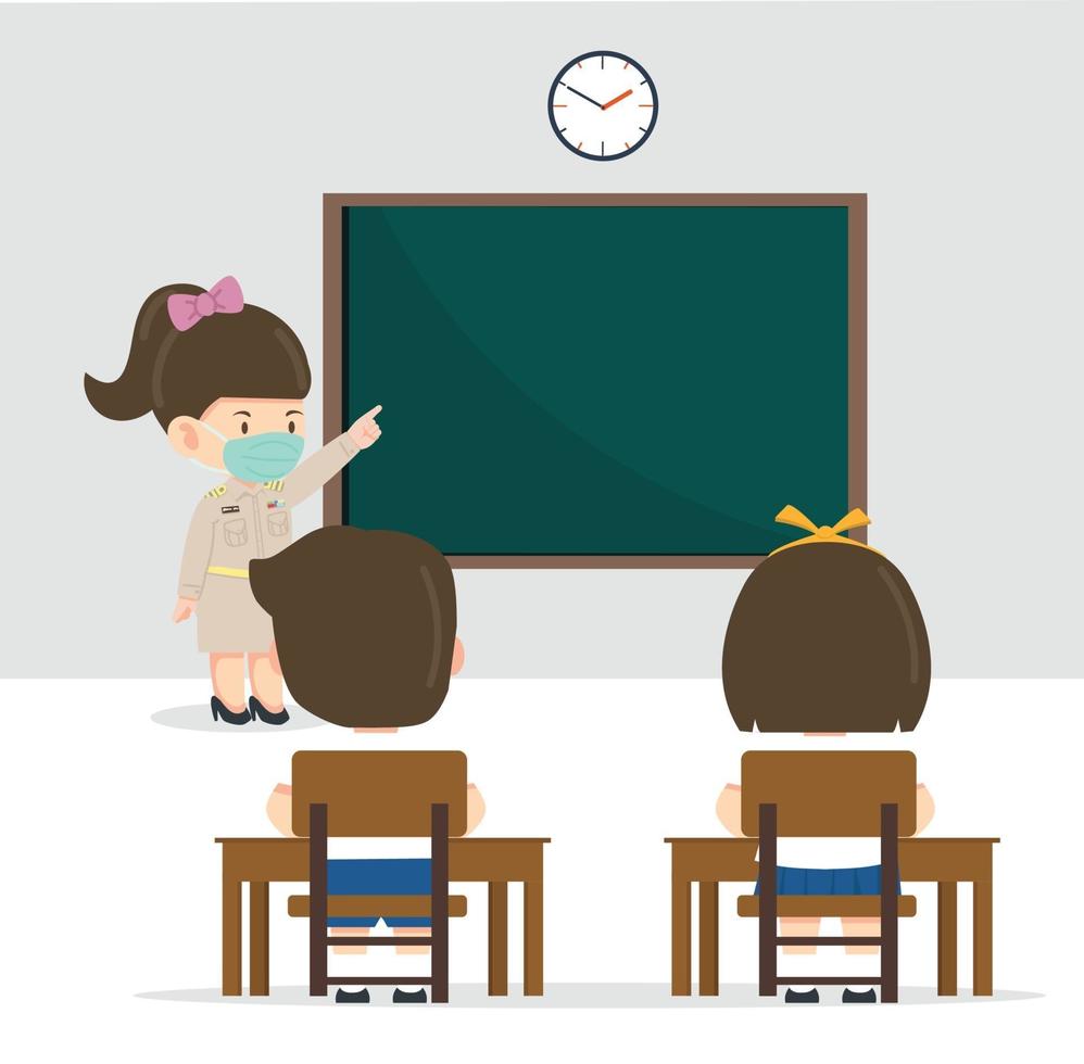Thai teacher with students new normal concept vector