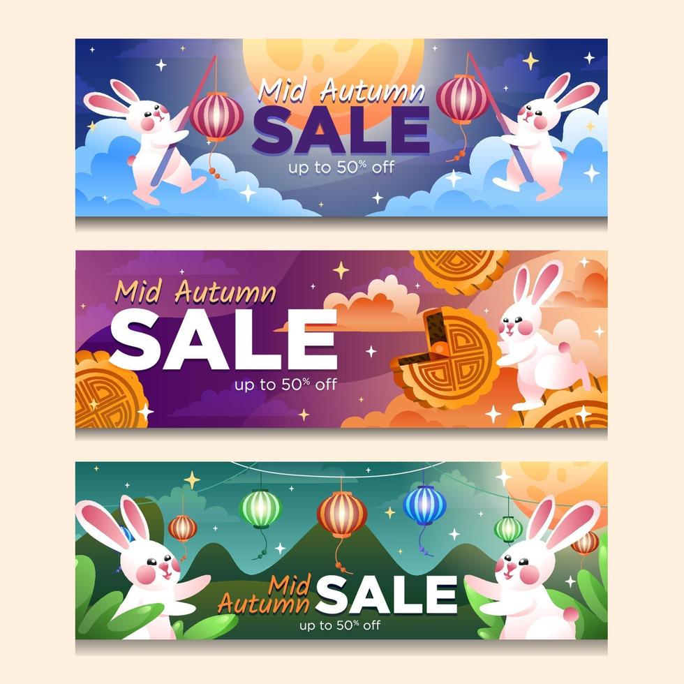 Playful Rabbits Celebrating Mid Autumn Sale Banner vector