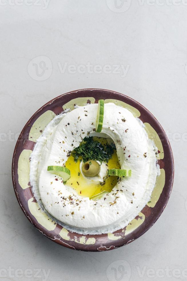 Labneh fresh Lebanese Middle Eastern cream cheese dip snack food dip photo