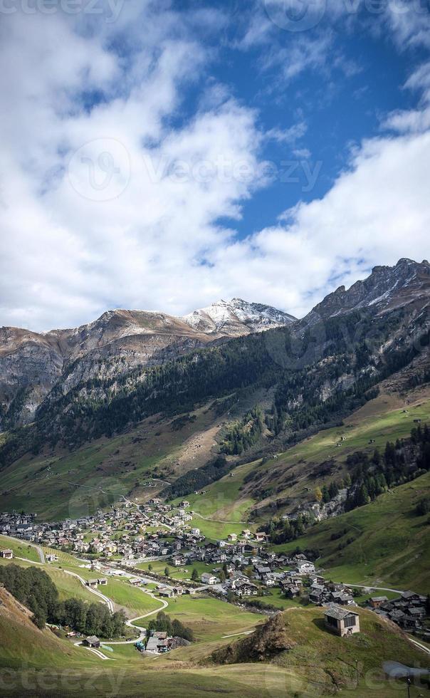 Vals Village Alpine Valley landscape and homes in Central Alps Switzerland photo