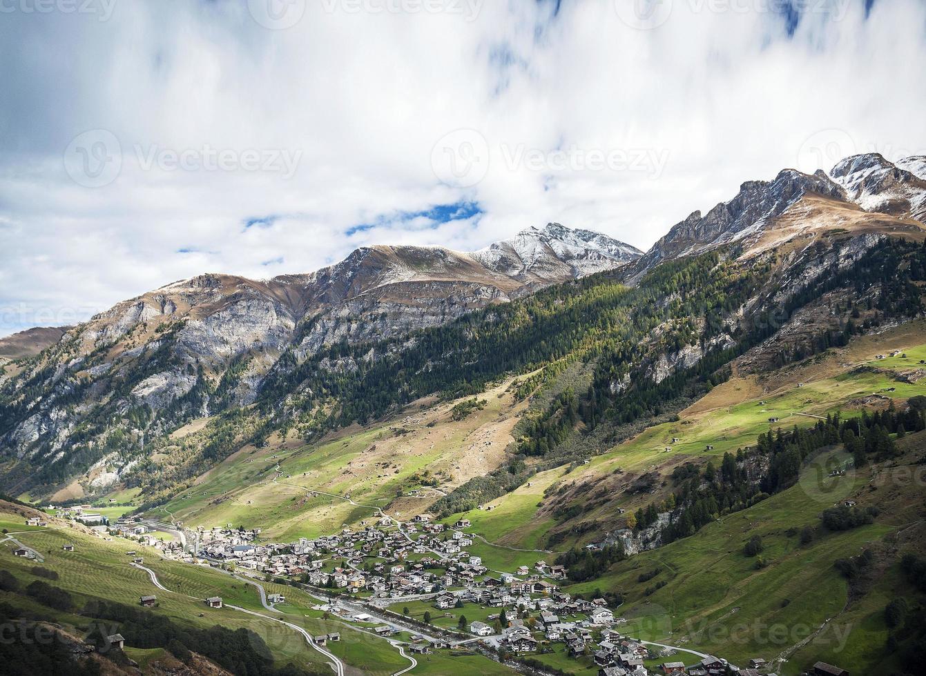 Vals Village Alpine Valley landscape and homes in Central Alps Switzerland photo