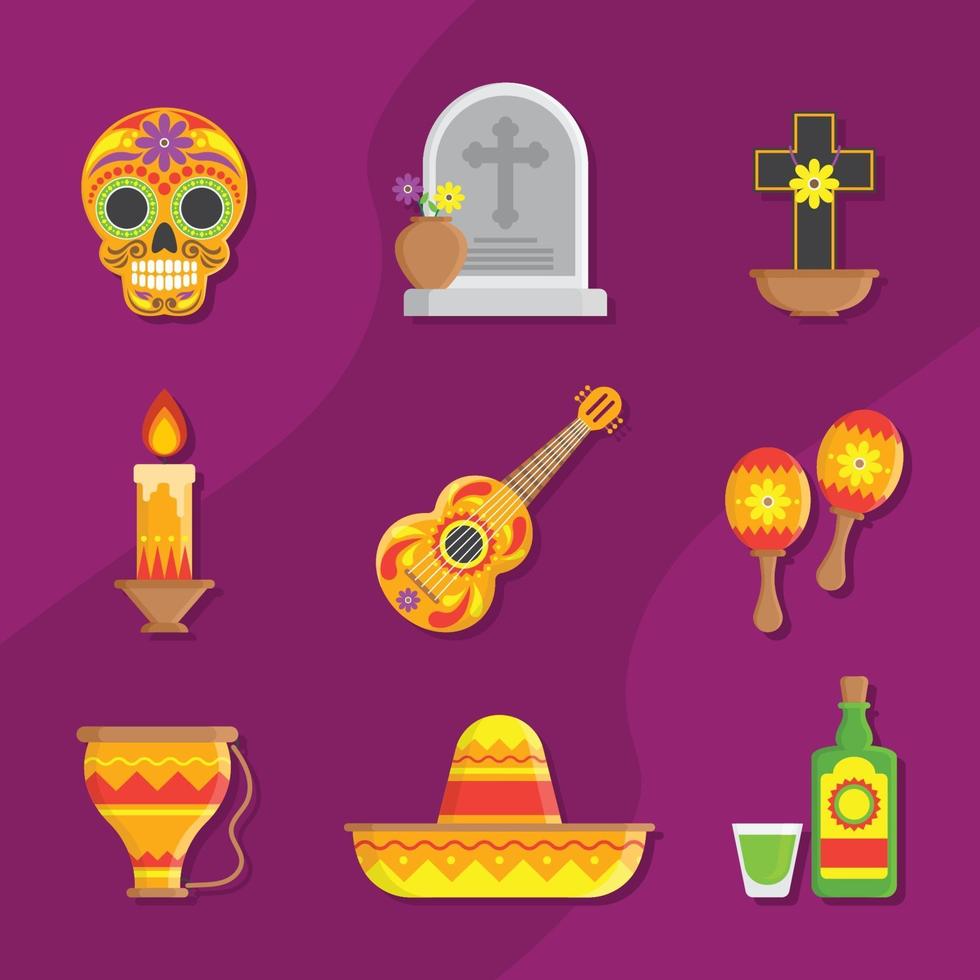 conjunto de iconos de elementos de dia de los muertos vector