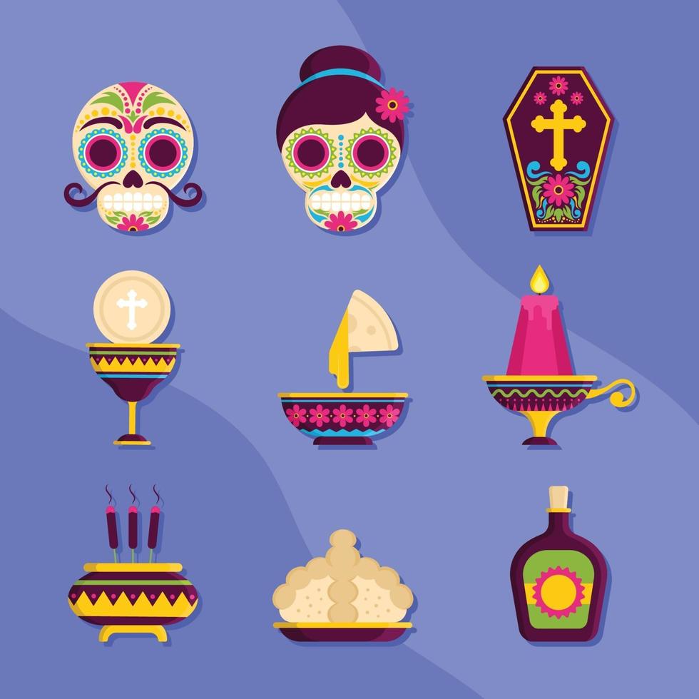 conjunto de iconos de elementos de dia de los muertos vector