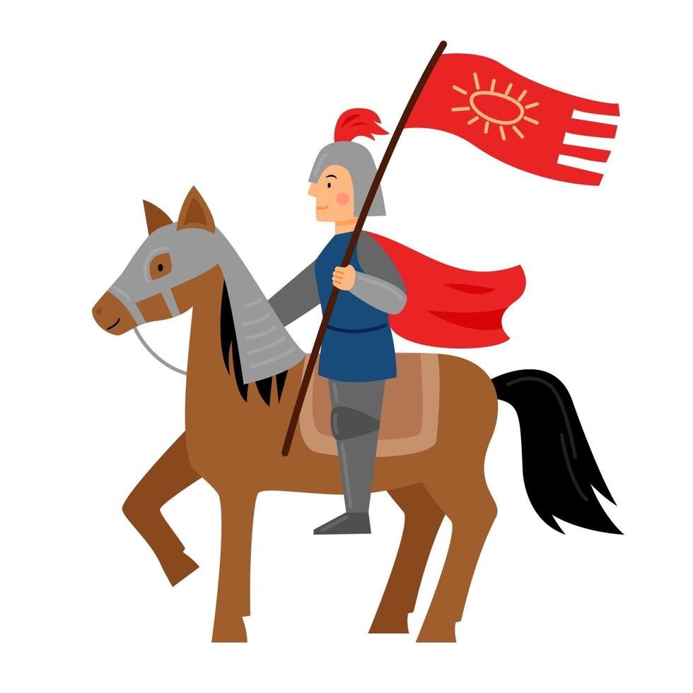 The knight sits on a horse wearing a helmet and armor. vector