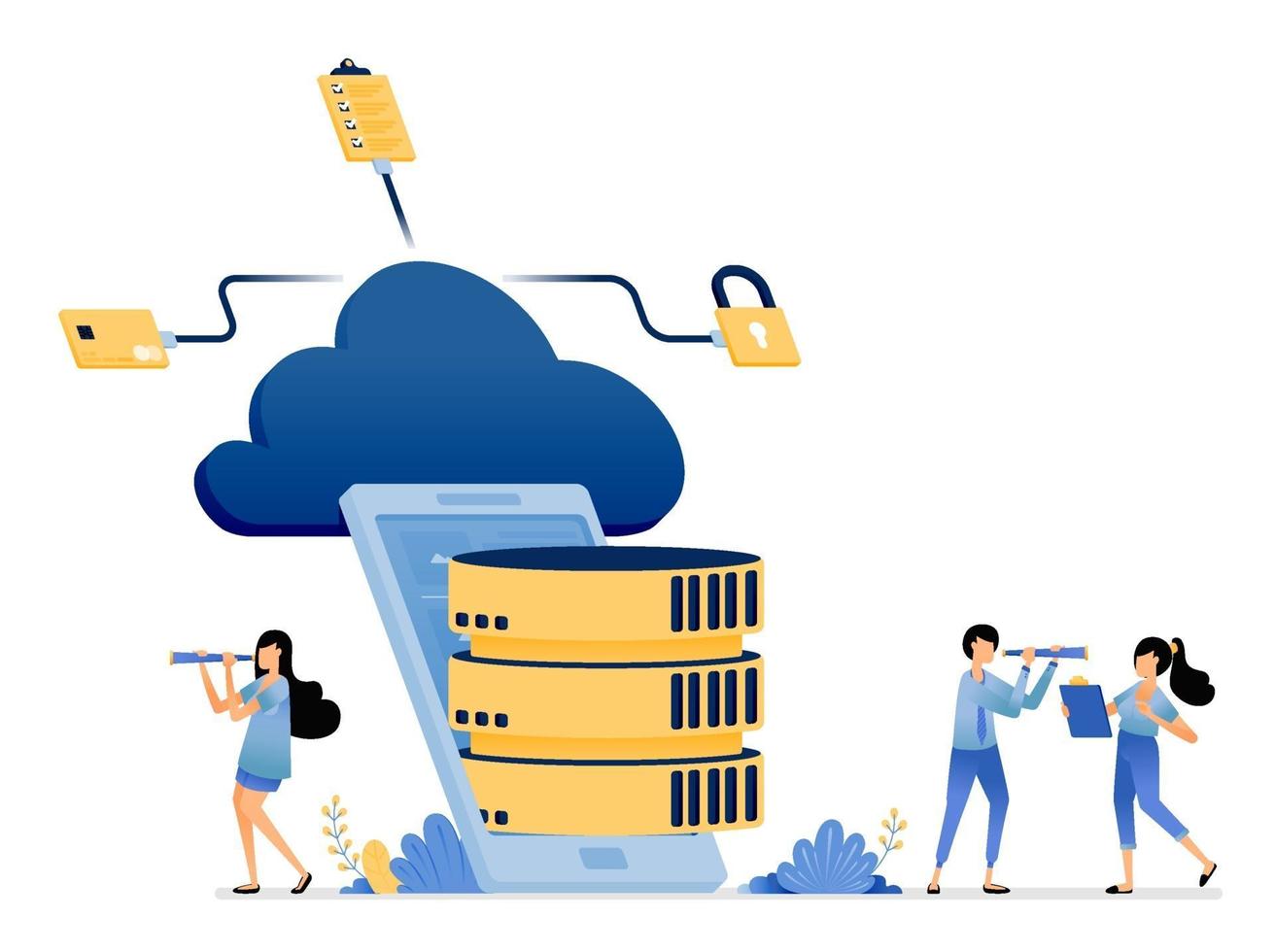 isometric mobile database apps connected to cloud storage service vector