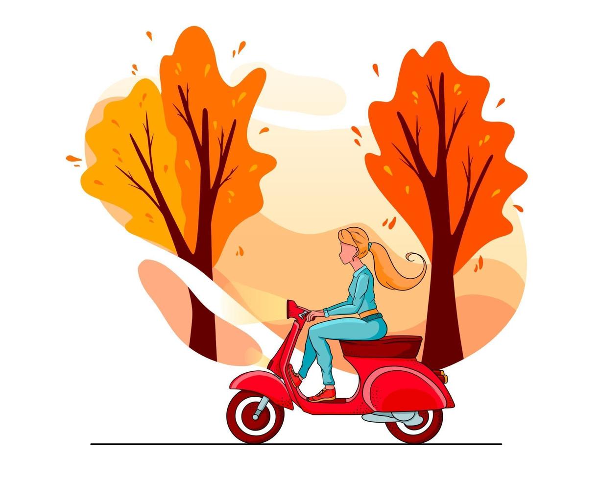 árboles del parque de otoño y una niña en un scooter rojo. estilo de dibujos animados. vector