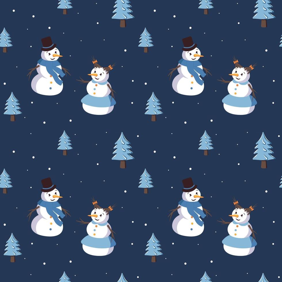 Seamless pattern with cute smiling snowmen and Christmas trees vector