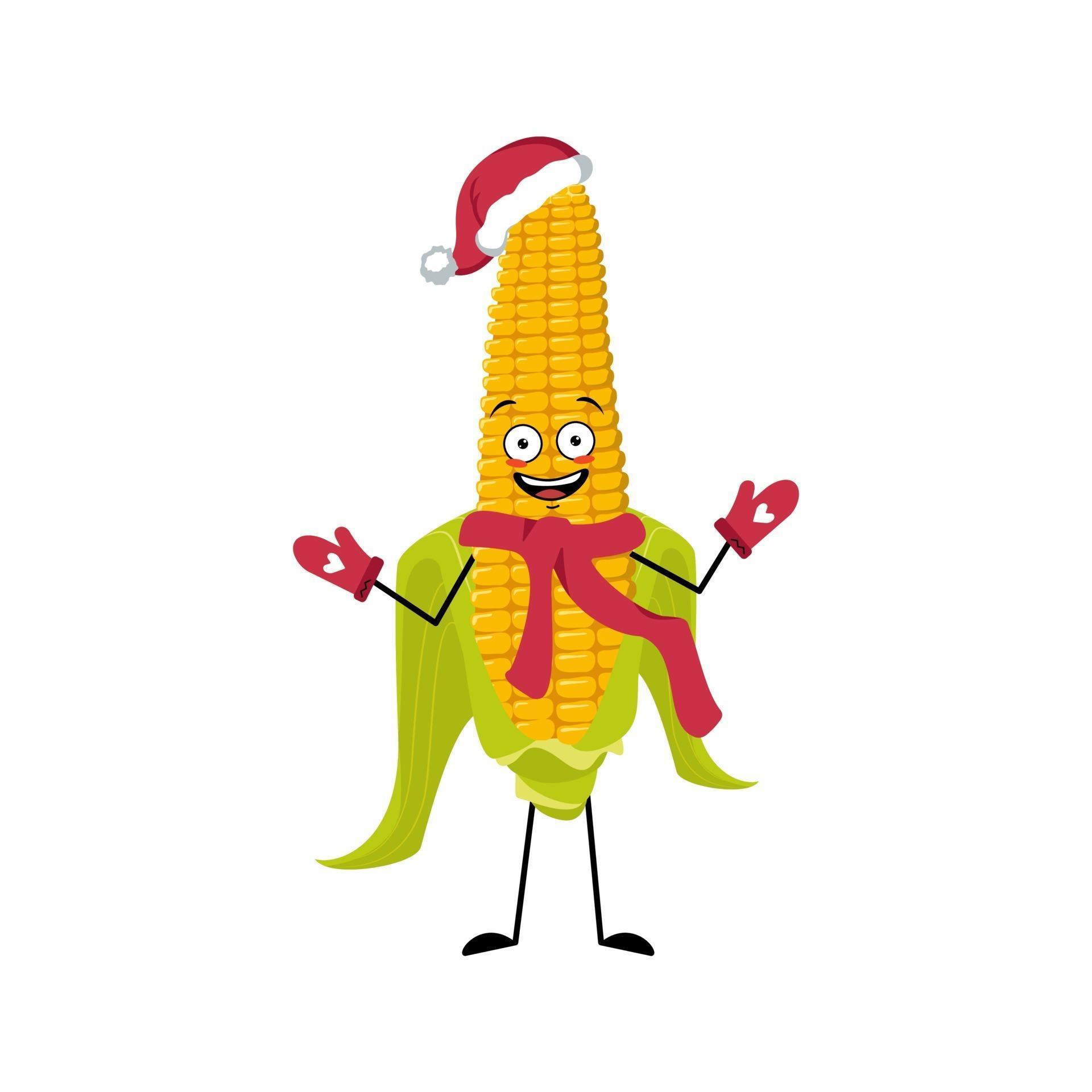 Cute corn cob character with joyful emotions, happy face, smile eyes