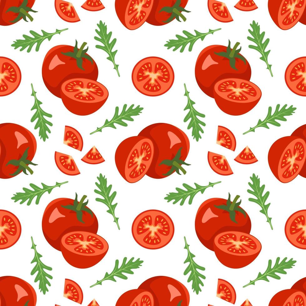 Seamless pattern with tomatoes and arugula leaves vector