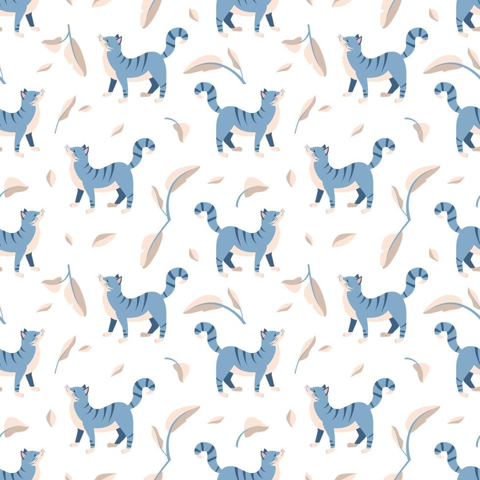 Seamless pattern with blue tabby cat and leaves vector