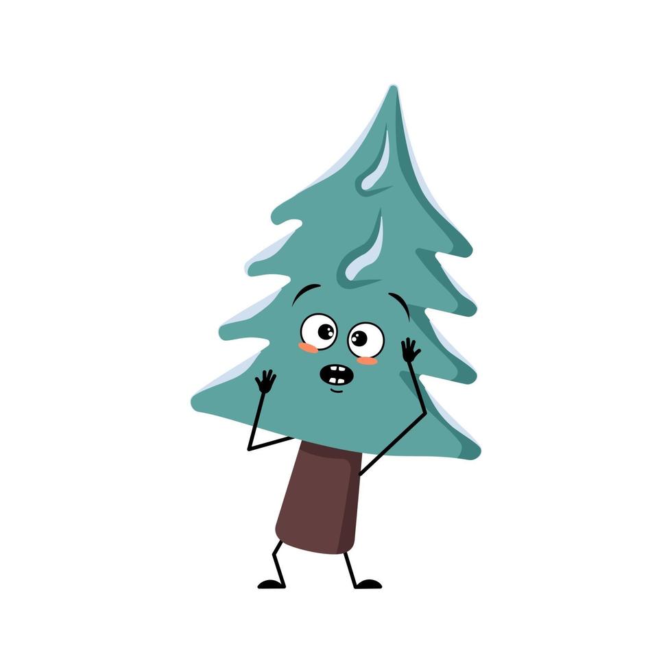 Christmas tree with emotions in a panic grabs his head, surprised face vector