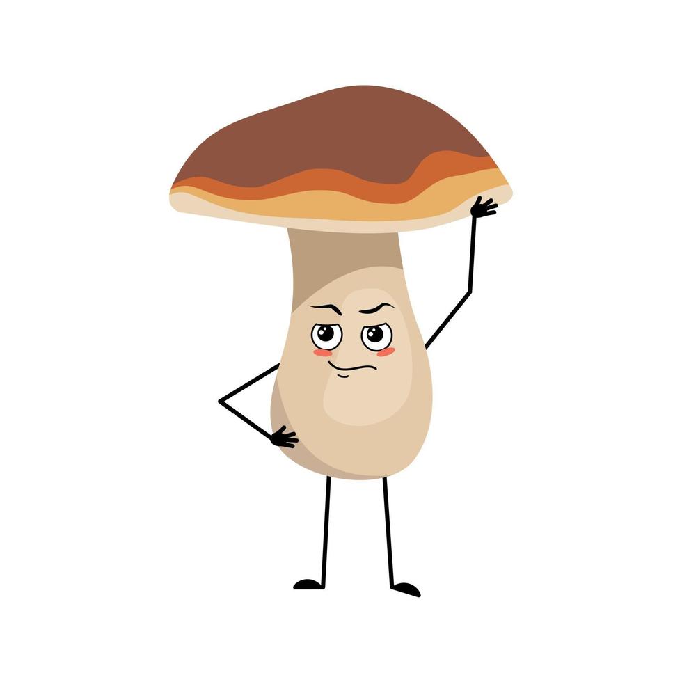 Cute mushroom character with emotions of a hero, a brave face vector