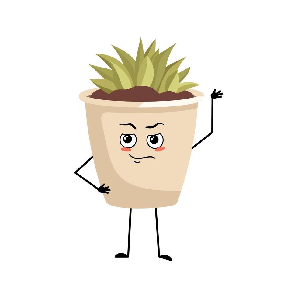 character indoor plant in a pot with emotions of a hero, a brave face vector