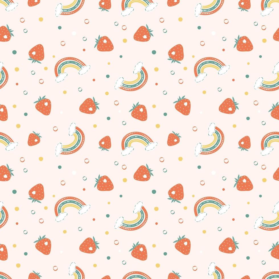 Seamless pattern with bright rainbows, strawberries and polka dot vector