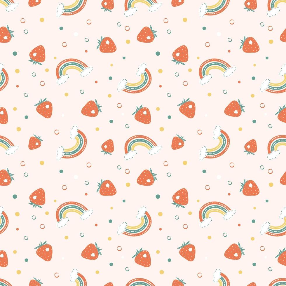 Seamless pattern with bright rainbows, strawberries and polka dot vector