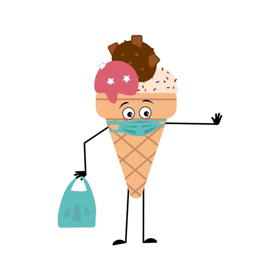 Cute ice cream character with emotions, face with a mask vector