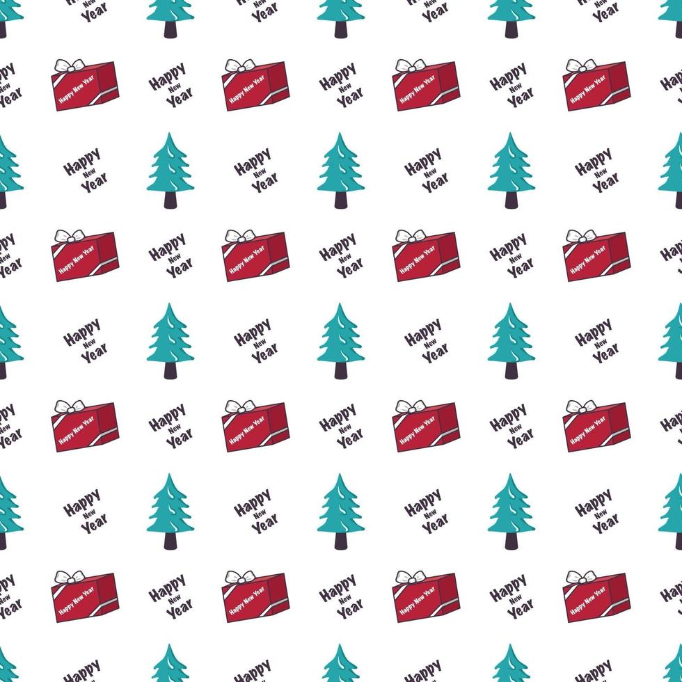 Seamless pattern with Christmas tree, gift and words vector